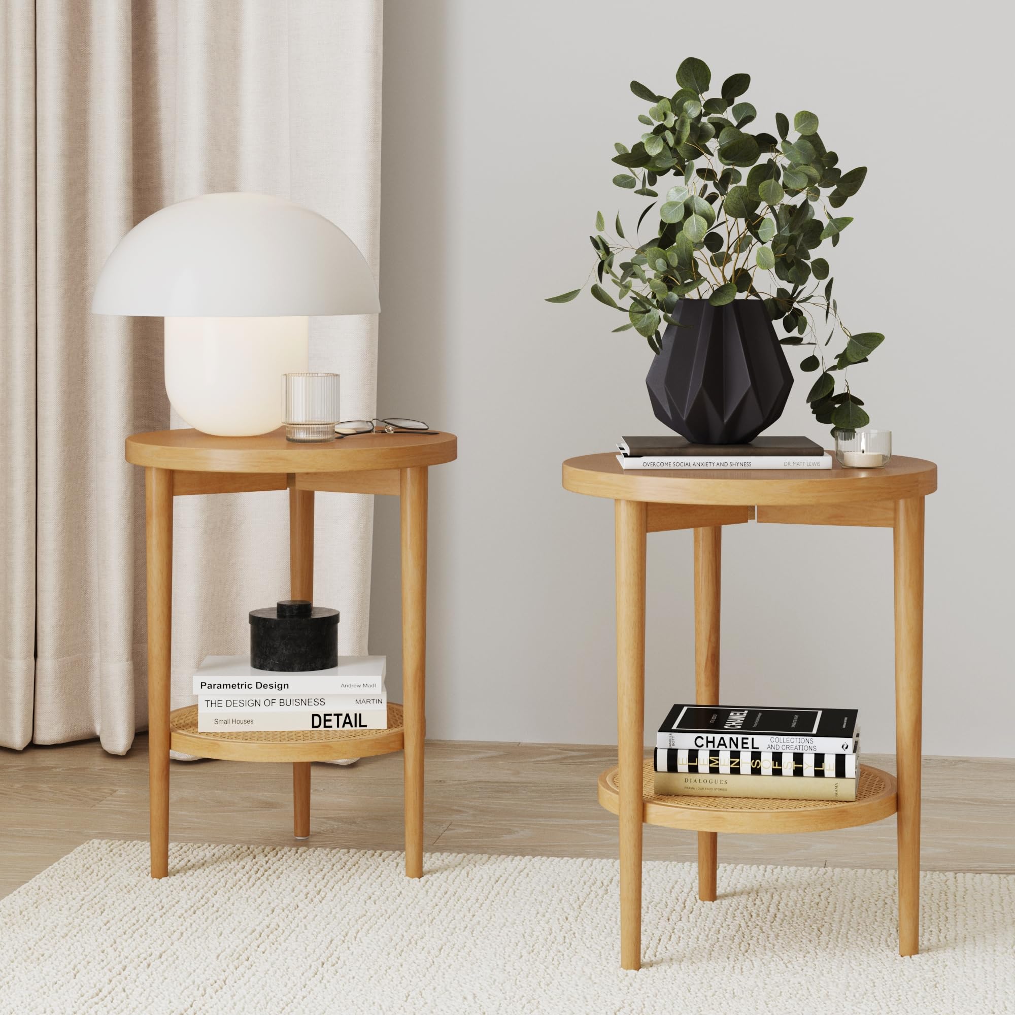 Nathan James Sonia Boho Round Accent End Table, Natural Sofa Side Table in Light Wood with Rattan Storage Shelf for Living Room, Bedroom or Nursery, Light Brown
