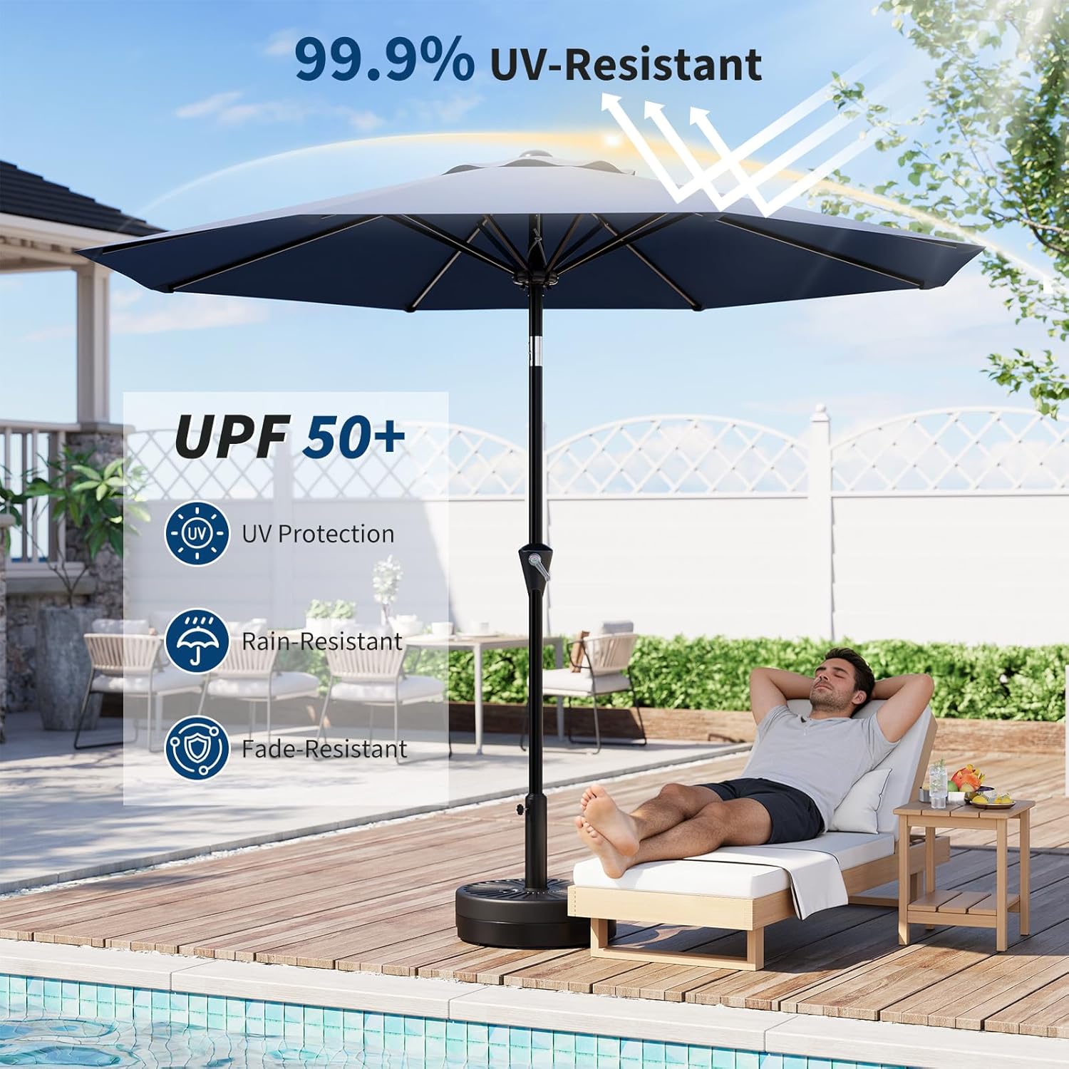 GarveeLife 9FT Umbrella Outdoor Patio, Table Umbrella with Push Button Tilt and Crank, 8 Sturdy Ribs Waterproof UV Protection for Garden, Pool, Deck, Backyard, Market (Navy)