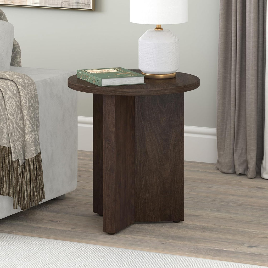 Henn&Hart 20" Scandinavian Round End Table, Side Table, Nightstand with X-Base for Living Room, Office, Family Room, or Bedroom, Rich Brown
