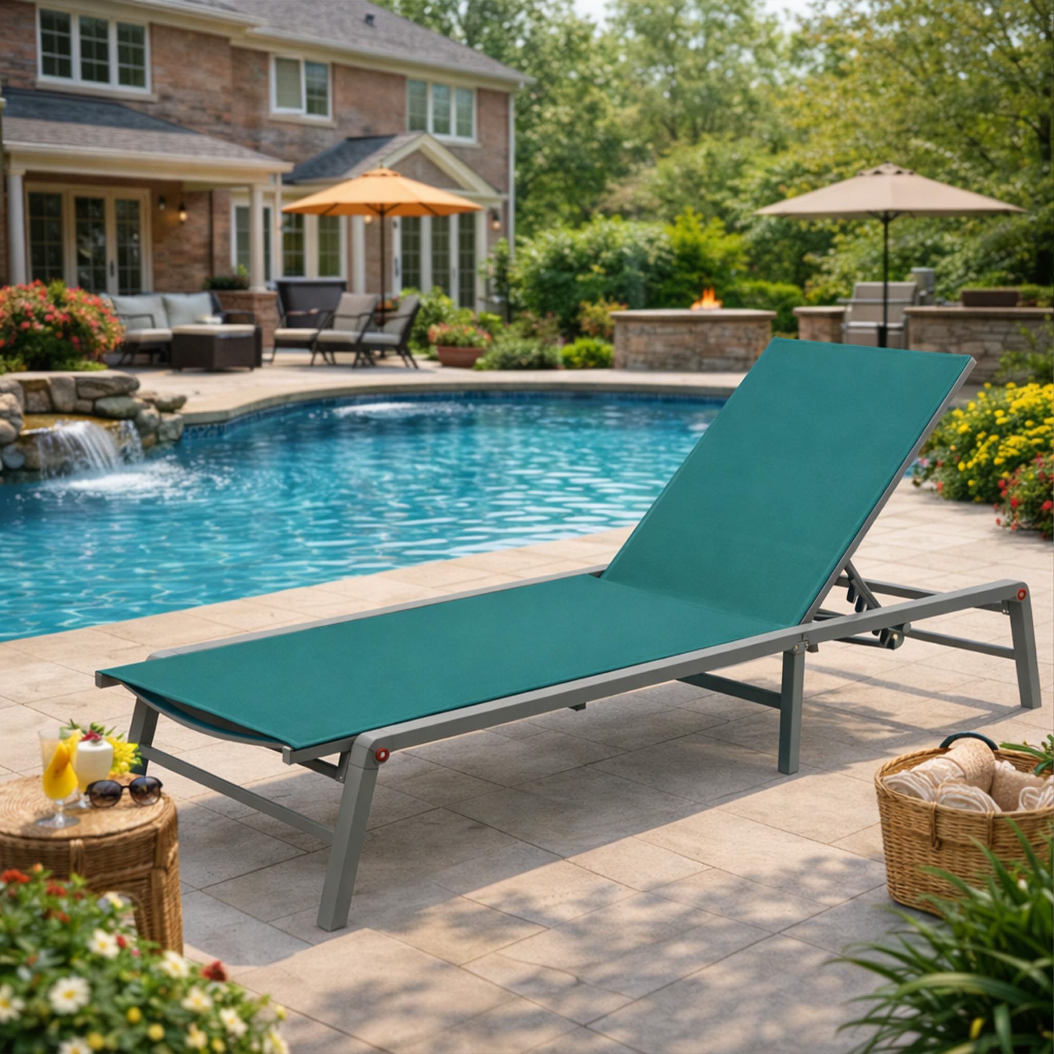 Kozyard Aluminum Outdoor Chaise Lounge Chair, Adjustable Reclining Patio Lounge with Drink Holder, Weather-Resistant Pool, Deck & Yard Recliner, Assemble-Free (1Pack, Beige)