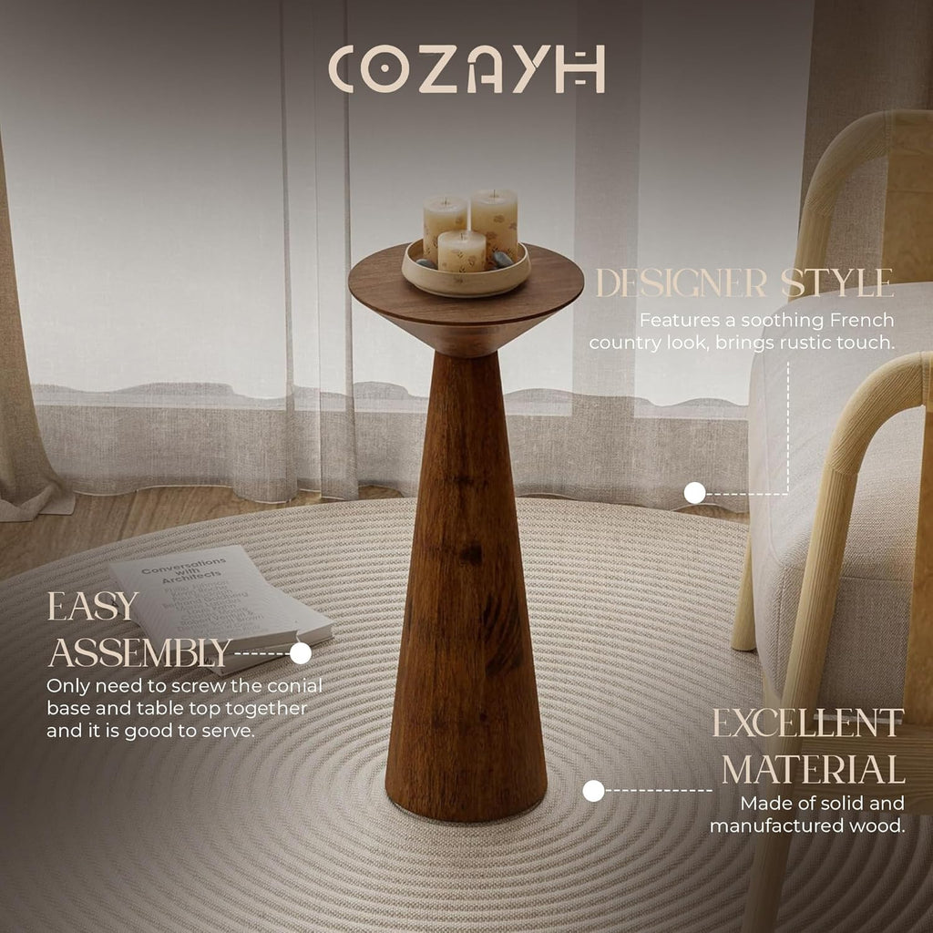 COZAYH 22.8” Tall Round Martini End Table, Walnut – Solid Pine Wood Pedestal Accent Drink Stand with Tapered Base – Farmhouse Modern Furniture for Living Room, Bedroom & Small Spaces