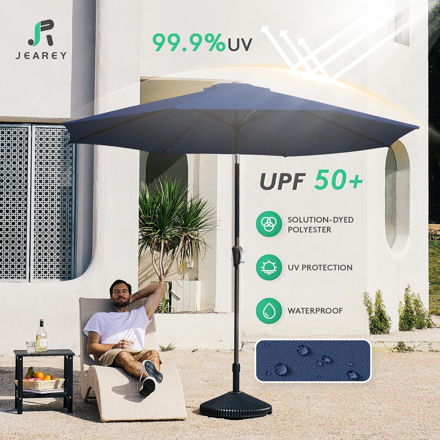 JEAREY 10FT Outdoor Patio Umbrella Outdoor Table Umbrella with Push Button Tilt and Crank, Market Umbrella 8 Sturdy Ribs UV Protection Waterproof for Pool, Garden (Navy)