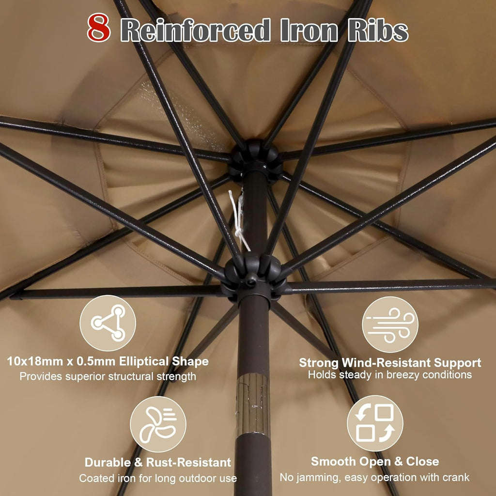 Blissun 9' Outdoor Patio Umbrella, Outdoor Table Umbrella, Yard Umbrella, Market Umbrella with 8 Sturdy Ribs, Push Button Tilt and Crank