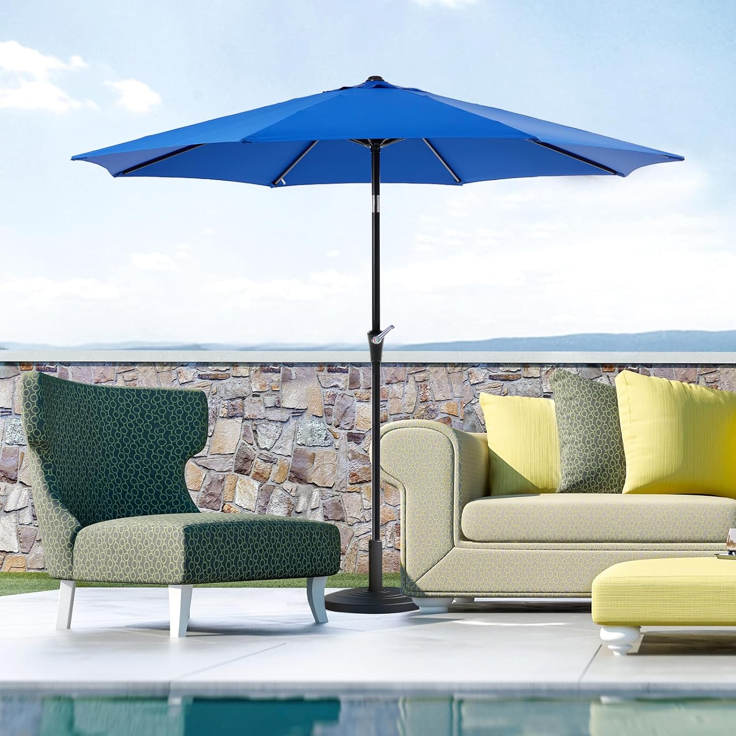 OLIXIS 9ft Patio Umbrella with Tilt and Crank Button & 8 Sturdy Ribs Waterproof, 9 Feet Patio Table Umbrella Perfect for Poolside, Terrace, Beach and Outdoor Restaurant, Blue