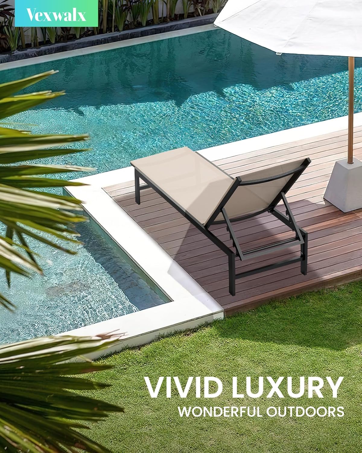 Vexwalx Outdoor Lounge Chair for Pool, Aluminum Chaise Lounge Chairs with 5-Position Recliner, Patio Lounge Chair for Backyard, Poolside, Deck, Lawn (Khaki)