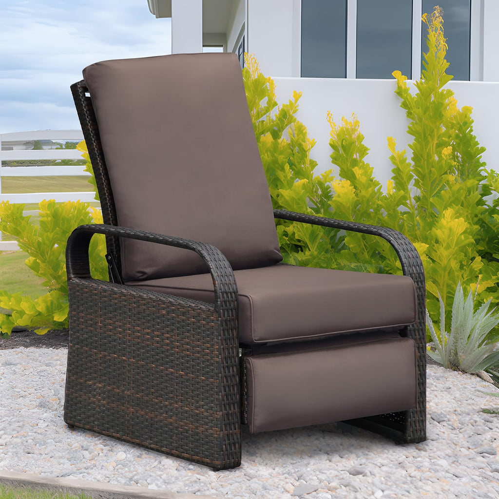 Babylon Outdoor Recliner Wicker Patio Adjustable Recliner Chair with Cushions, Rust-Resistant Aluminum Frame,All-Weather Resin Rattan, Brown& Khaki