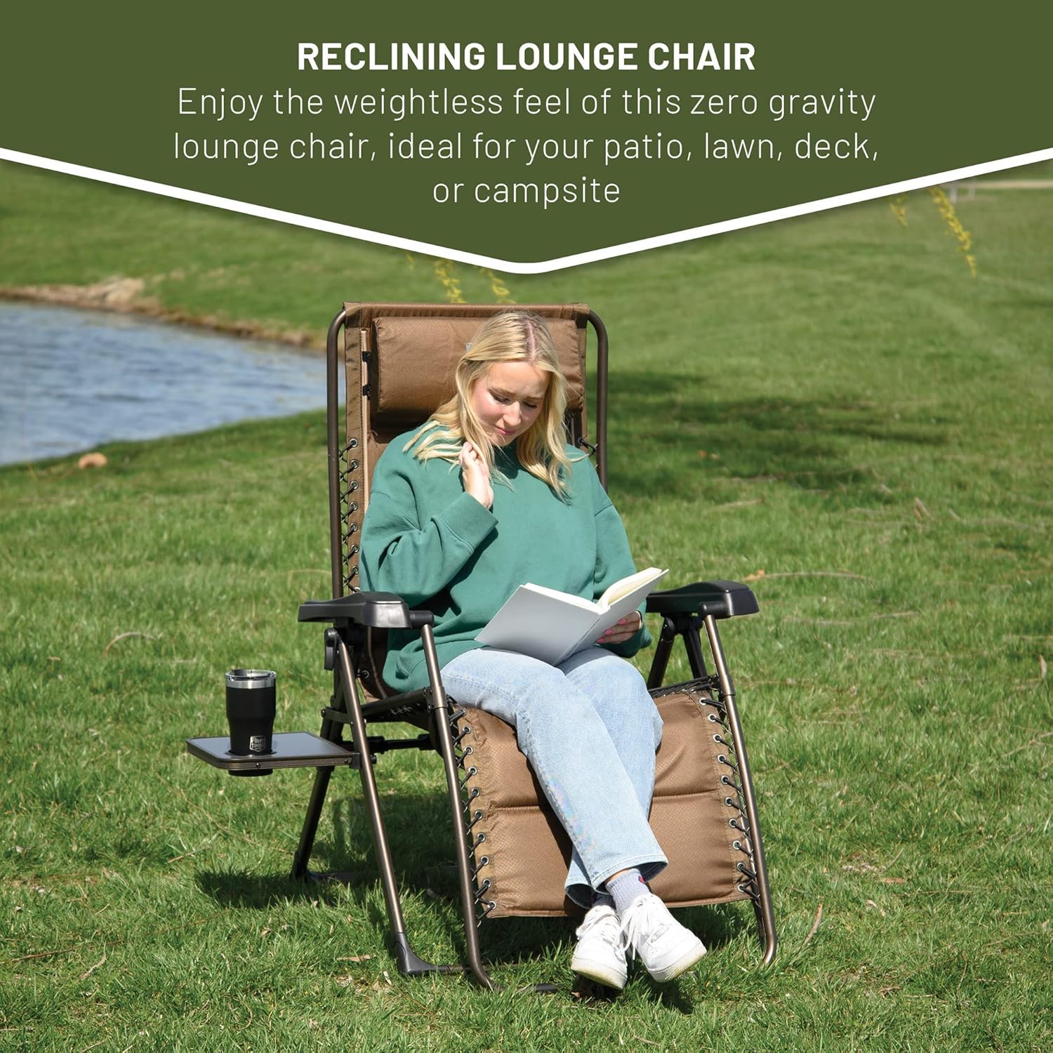 TIMBER RIDGE Aluminum Zero Gravity Chairs, Folding Recliner Chair Padded with Cup Holder and Headrest, Adjustable Lounge Reclining Chair for Outdoor Camping Lawn Patio Indoor, Supports 350lbs, Brown