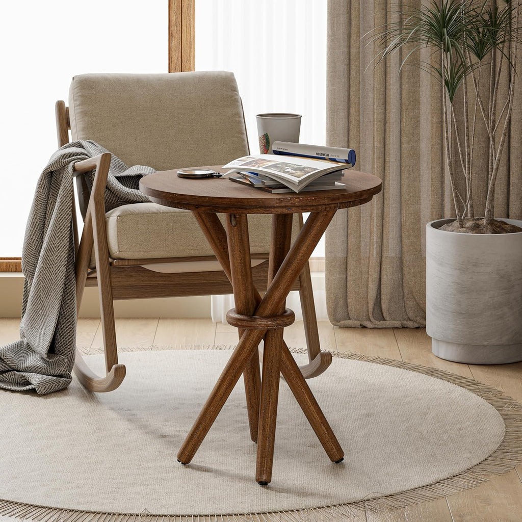 COZAYH Round Wood End Table Farmhouse Wooden Side Table Rustic Plant Stand with Bundled Legs for Living Room, Office, Walnut