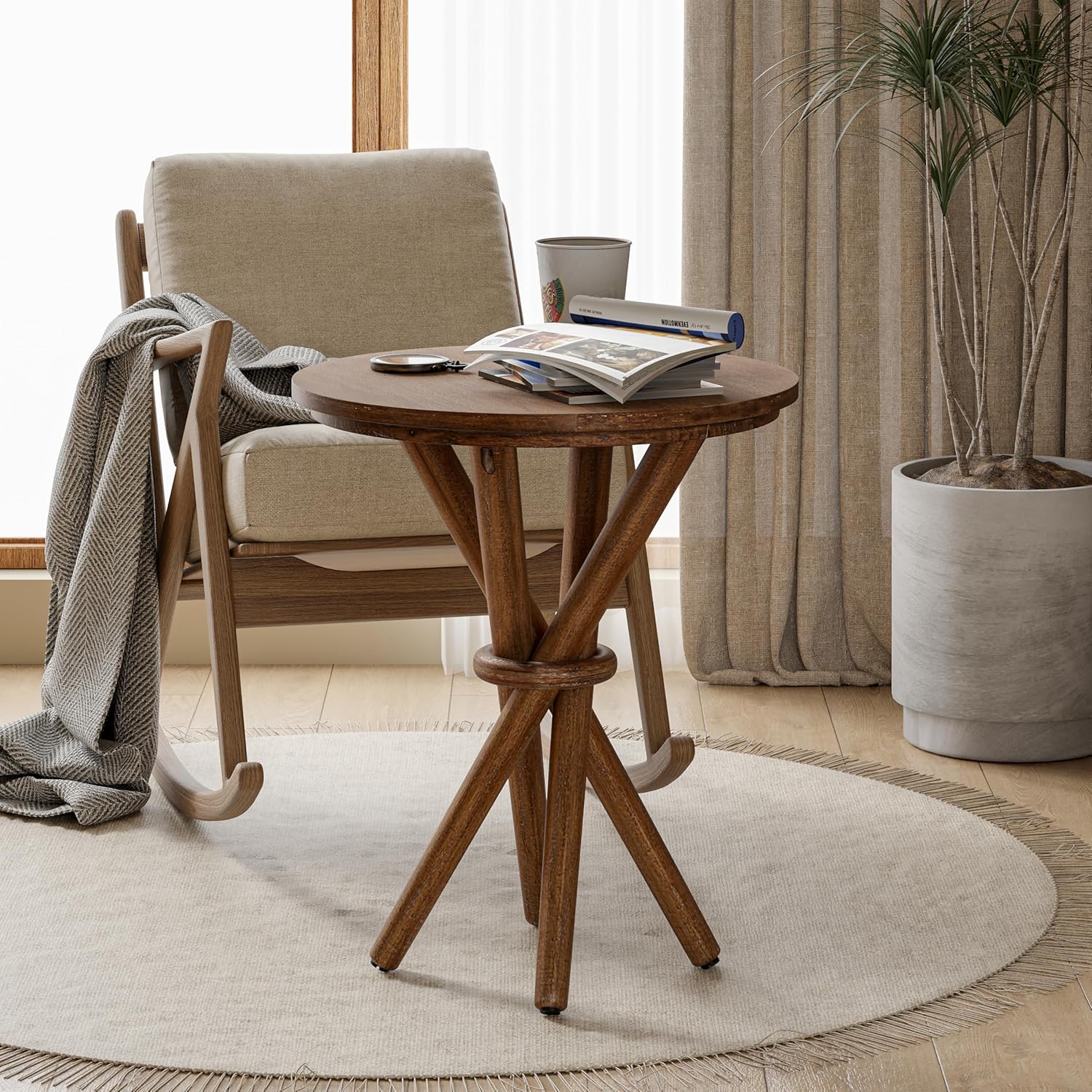 COZAYH Round Wood End Table Farmhouse Wooden Side Table Rustic Plant Stand with Bundled Legs for Living Room, Office, Walnut
