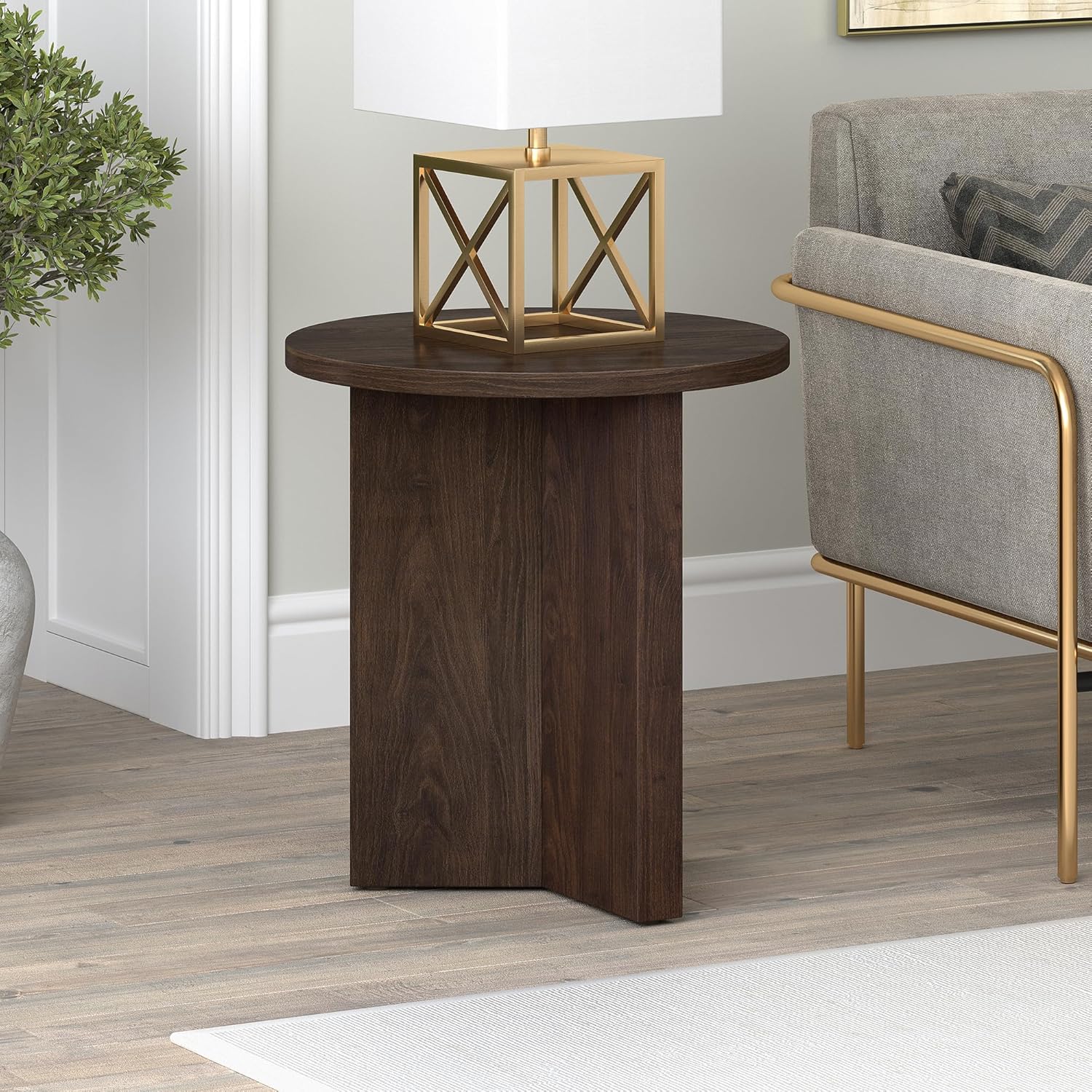 Henn&Hart 20" Scandinavian Round End Table, Side Table, Nightstand with X-Base for Living Room, Office, Family Room, or Bedroom, Rich Brown