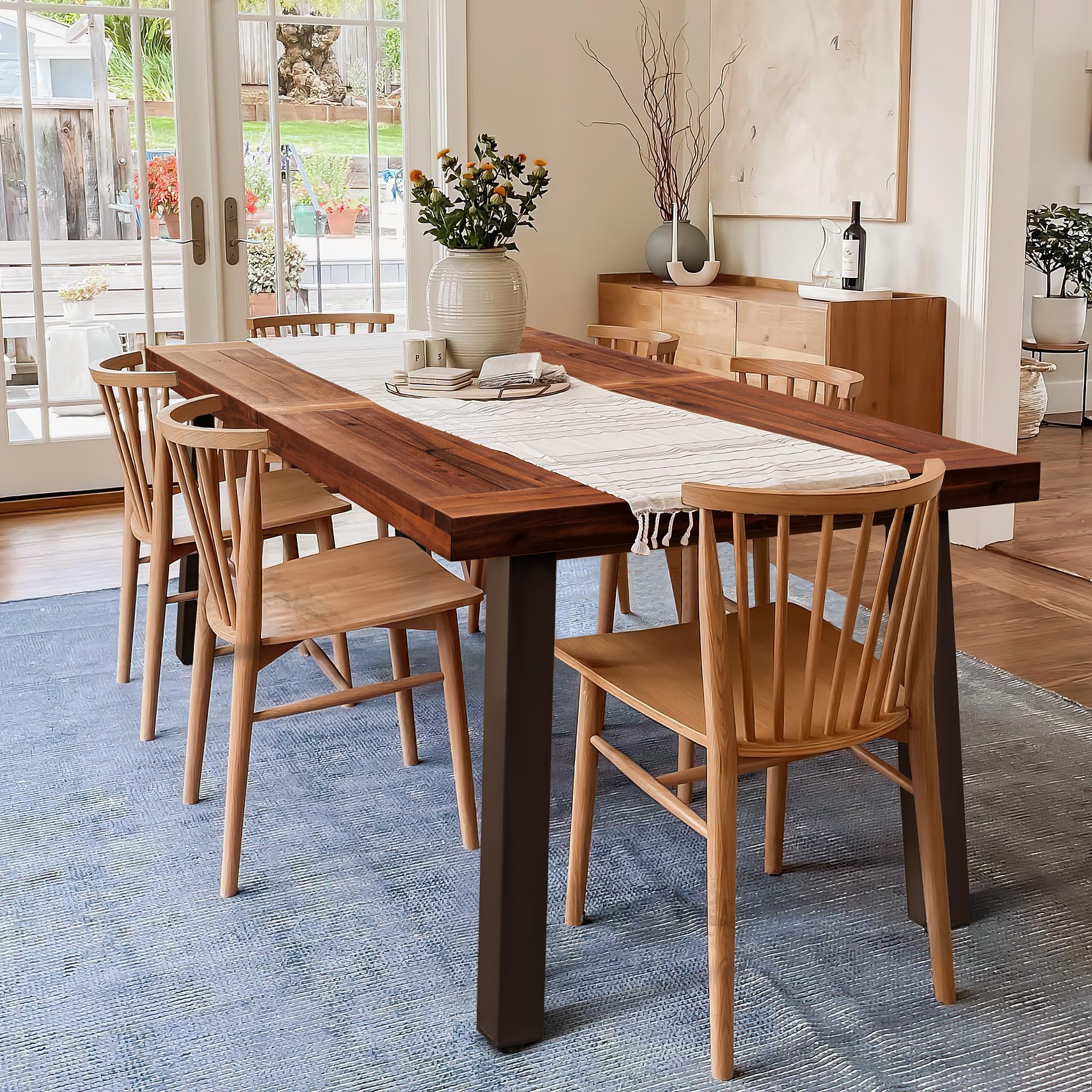 Devoko Home Acacia Wood Dining Table 6-Person Indoor Outdoor Table with Iron Legs, Sandblast Finish, Natural Stained, Rustic Metal, 69 * 33 * 30 inch (Walnut Brown)