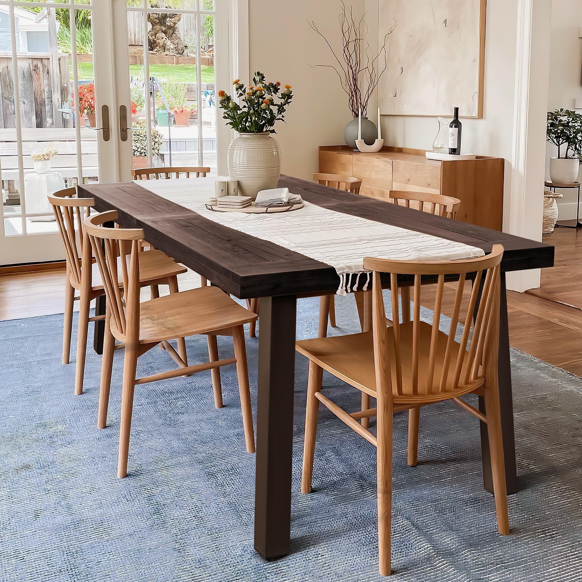 Devoko Home Acacia Wood Dining Table 6-Person Indoor Outdoor Table with Iron Legs, Sandblast Finish, Natural Stained, Rustic Metal, 69 * 33 * 30 inch (Walnut Brown)