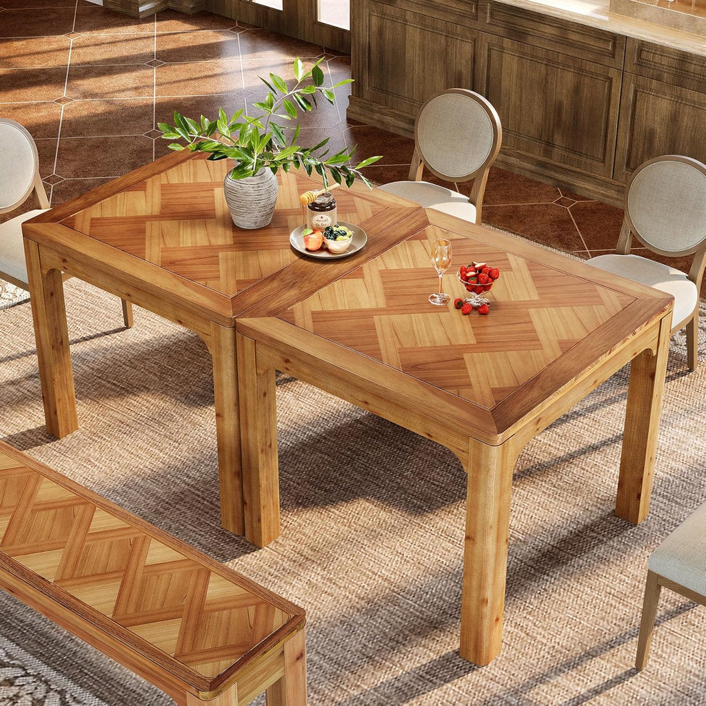 31.5" Square Farmhouse Dining Table, Solid Wood Rustic Kitchen Table with 3D Textured Tabletop, Wooden Dinner for Dining Room, Living Room Furniture, Easy Assembly, Brown