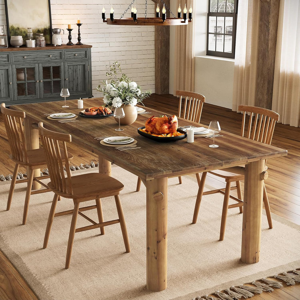 Solid Wood Dining Table for 6, 63 Inch Wooden Kitchen Table with Strong Legs, Farmhouse Rectangle Dinner Table for Dining Room, Living Room