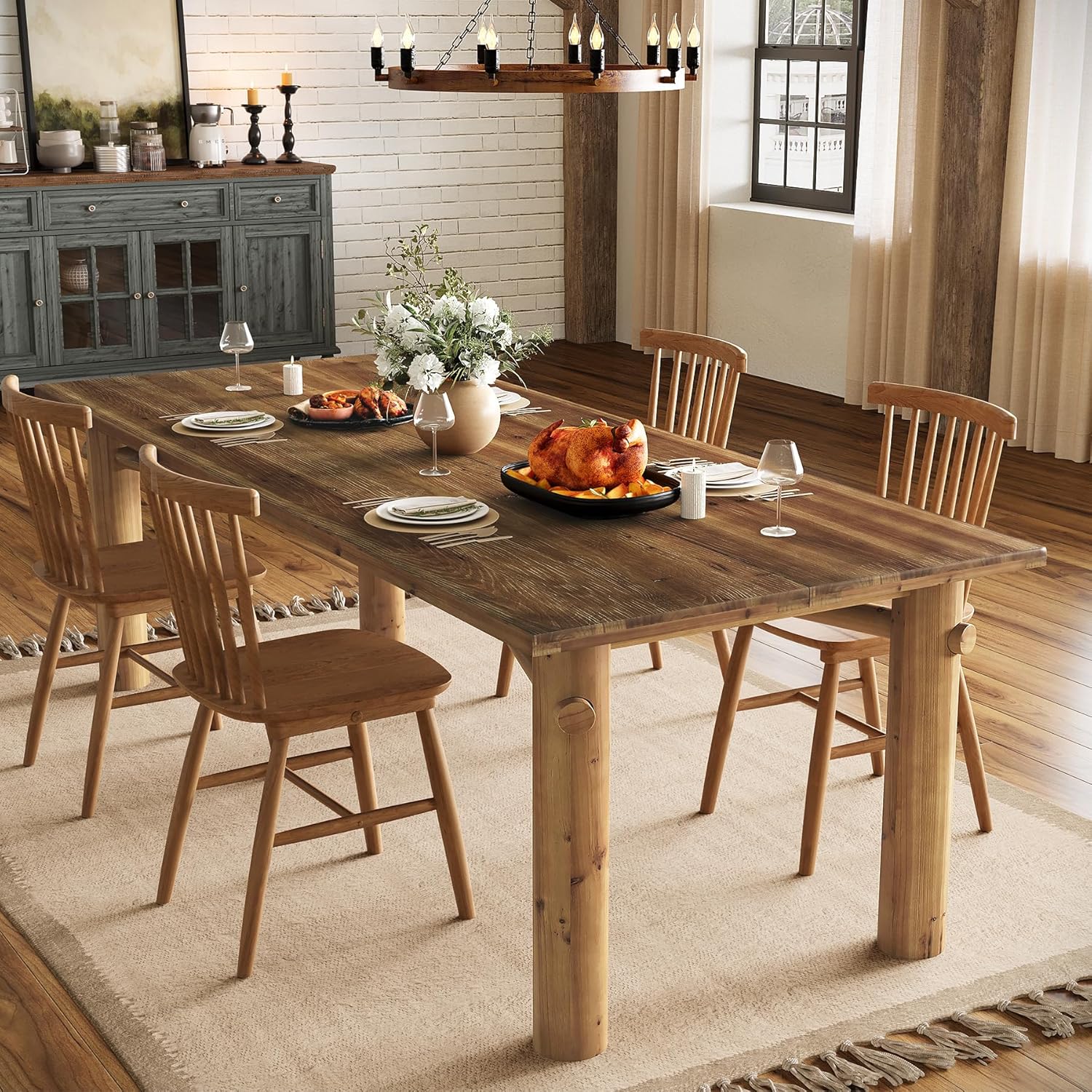 Solid Wood Dining Table for 6, 63 Inch Wooden Kitchen Table with Strong Legs, Farmhouse Rectangle Dinner Table for Dining Room, Living Room