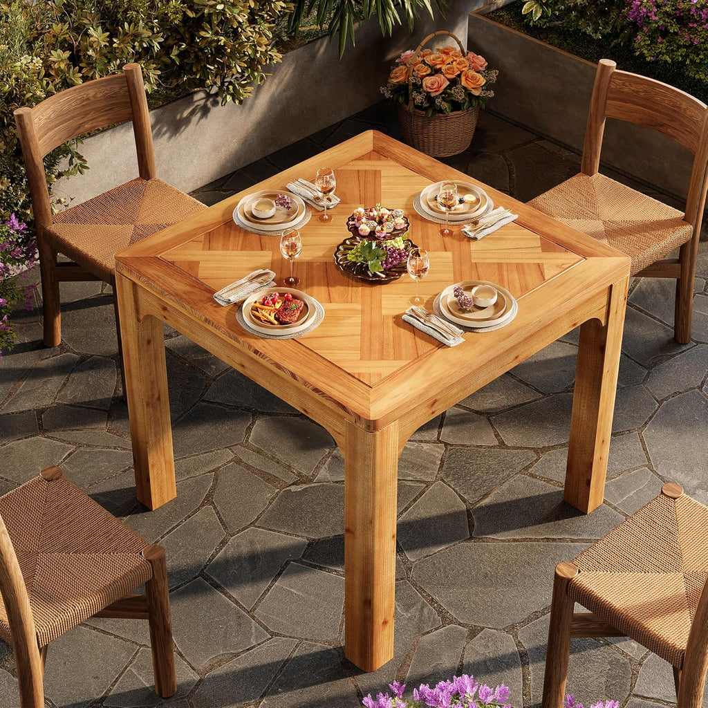 31.5" Square Farmhouse Dining Table, Solid Wood Rustic Kitchen Table with 3D Textured Tabletop, Wooden Dinner for Dining Room, Living Room Furniture, Easy Assembly, Brown