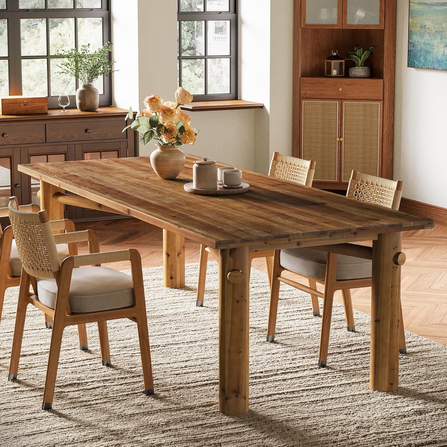 Solid Wood Dining Table for 6, 63 Inch Wooden Kitchen Table with Strong Legs, Farmhouse Rectangle Dinner Table for Dining Room, Living Room