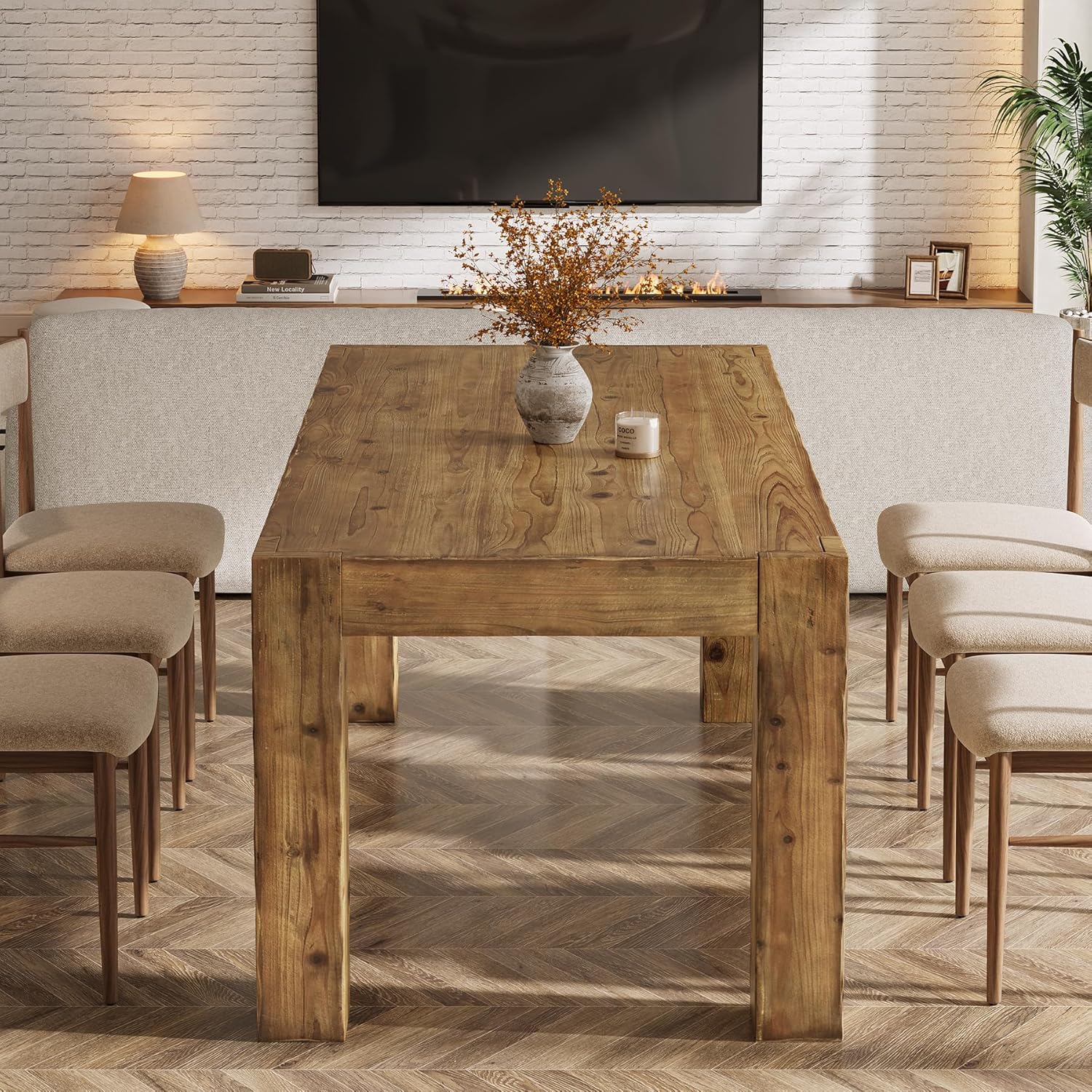 Solid Wood Dining Table for 6, 63-Inch Farmhouse Kitchen Table with Heavy Duty Legs, Rectangular Wood Dinner Table for Dining Room, Living Room, Natural Brown (Only Table)