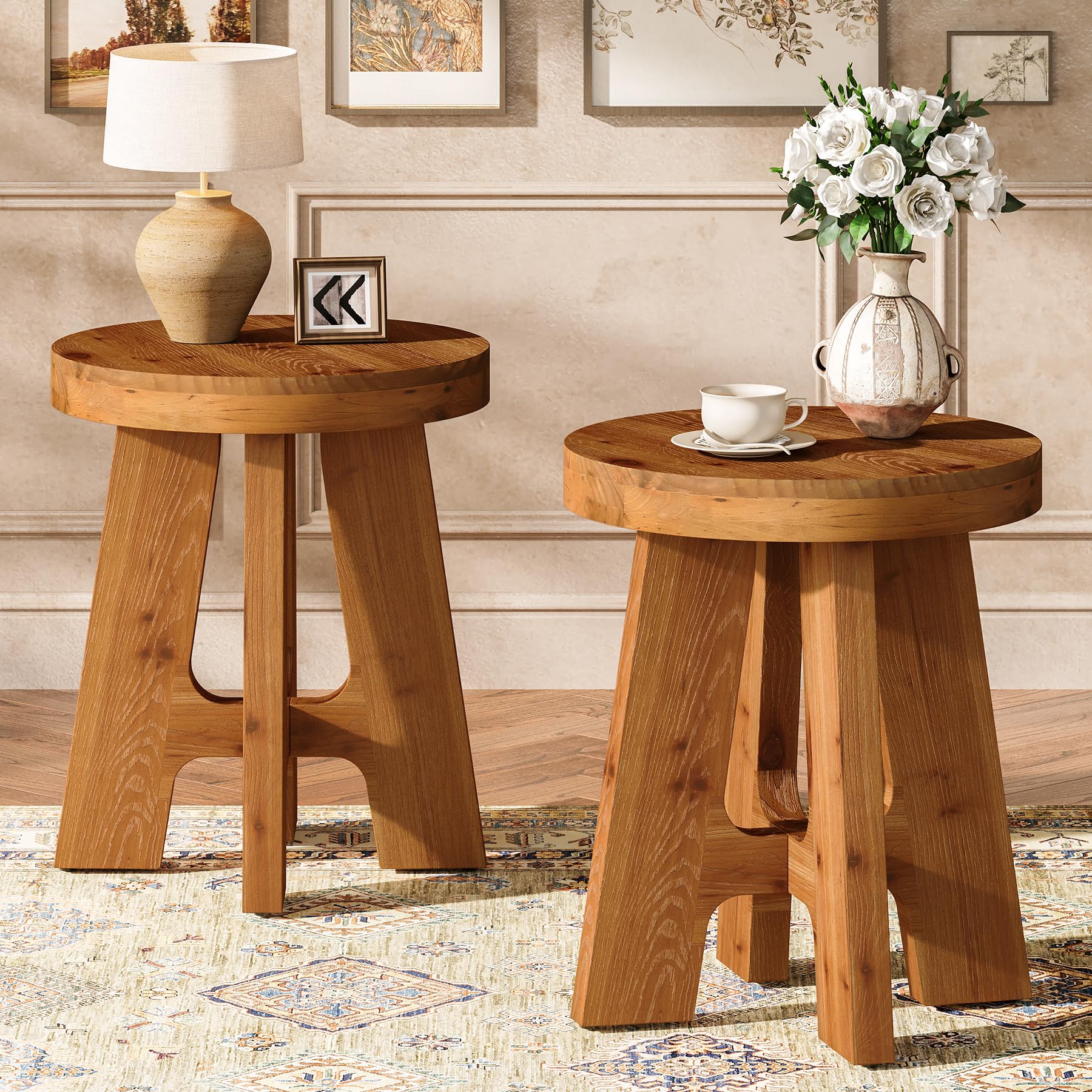 Round Side Table, Farmhouse Solid Wood End Table for Couch, Mid Century Modern Side Table with Heavy-Duty Legs, Small Bedside Table for Bedroom, Living Room, Walnut