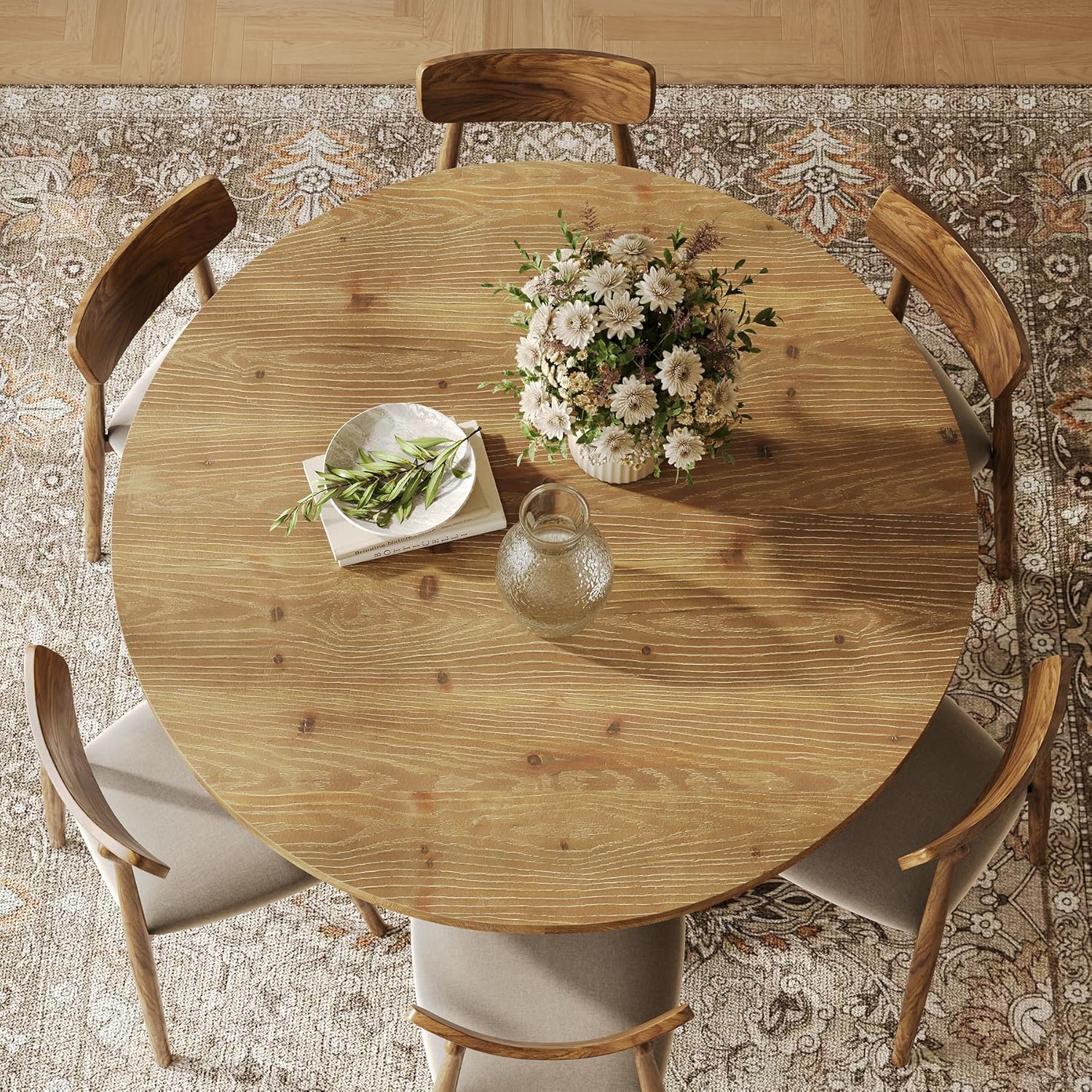 Solid Wood Round Dining Table, 47" Farmhouse Kitchen Table for 4-6, Wooden Circle Dinner Table for Dining Room, Family Gathering, Natural Brown