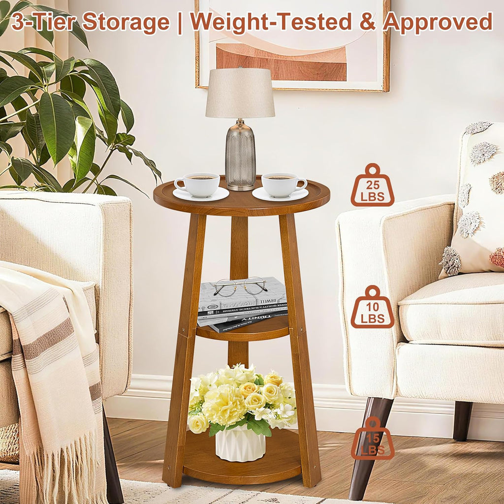 Small Round Side Table, Solid Wood 3-Tier End Table for Small Spaces, 13 Inch Compact Drink Table, Round Wood Side Table for Living Room & Bedroom, Amber Brown