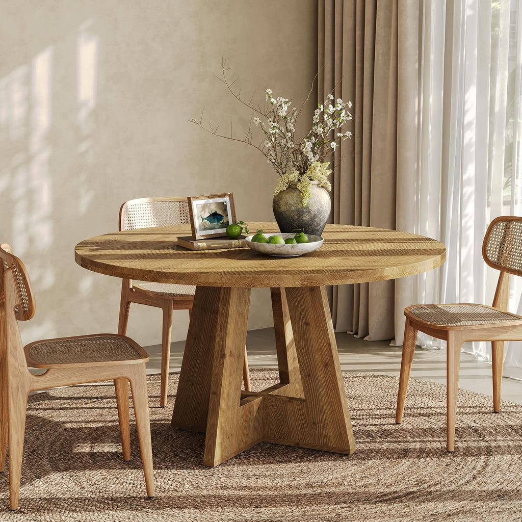 Solid Wood Round Dining Table, 47" Farmhouse Kitchen Table for 4-6, Wooden Circle Dinner Table for Dining Room, Family Gathering, Natural Brown