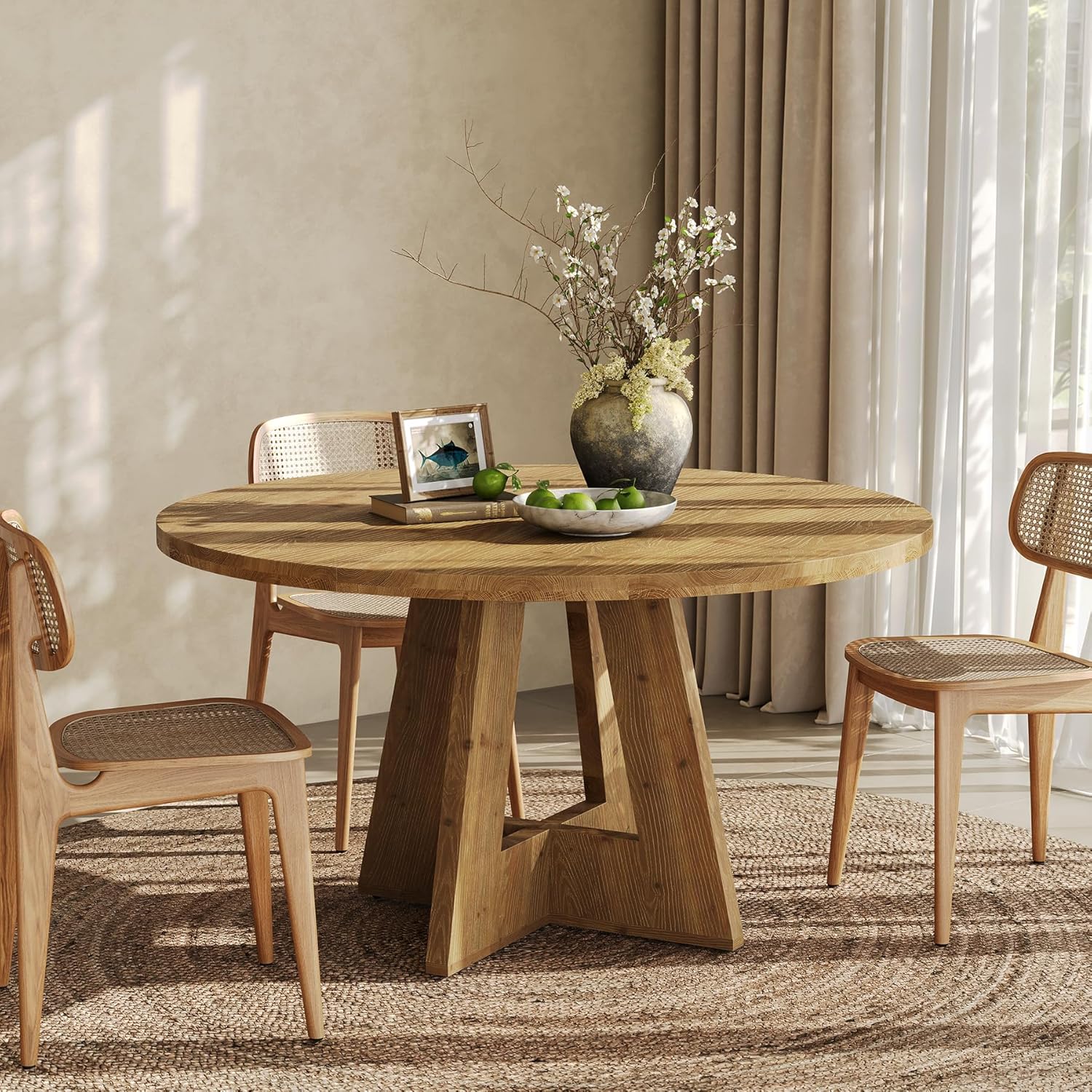 Solid Wood Round Dining Table, 47" Farmhouse Kitchen Table for 4-6, Wooden Circle Dinner Table for Dining Room, Family Gathering, Natural Brown