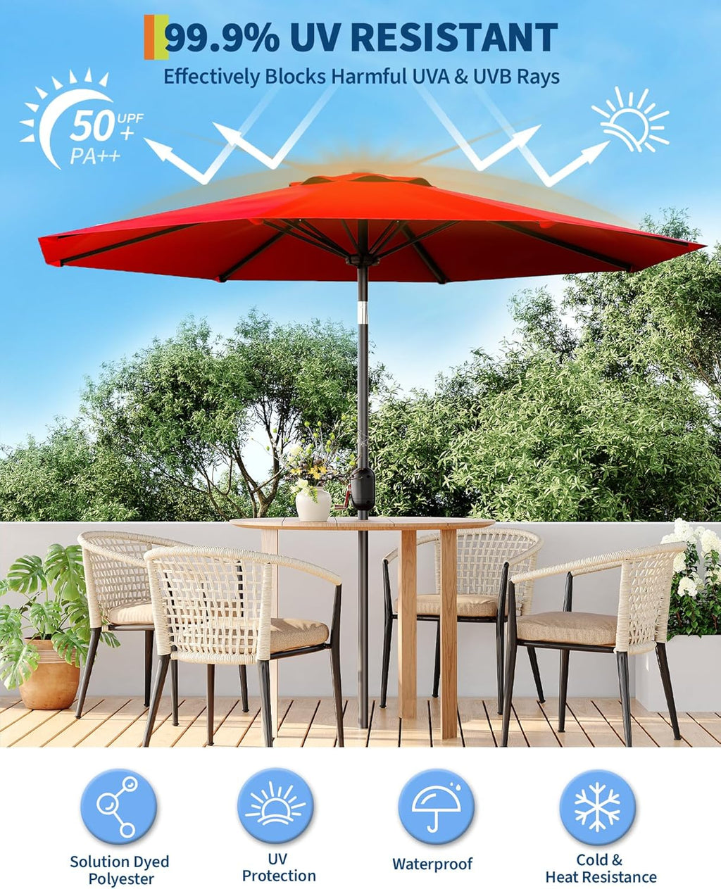 GarveeLife Outdoor Patio Umbrella, Table Market Umbrella with Push Button Tilt and Crank, 8 Sturdy Ribs UV Protection Waterproof for Garden, Deck, Backyard, Pool