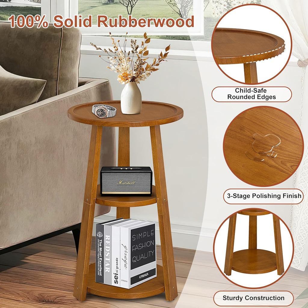Small Round Side Table, Solid Wood 3-Tier End Table for Small Spaces, 13 Inch Compact Drink Table, Round Wood Side Table for Living Room & Bedroom, Amber Brown