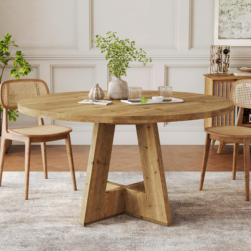 Solid Wood Round Dining Table, 47" Farmhouse Kitchen Table for 4-6, Wooden Circle Dinner Table for Dining Room, Family Gathering, Natural Brown