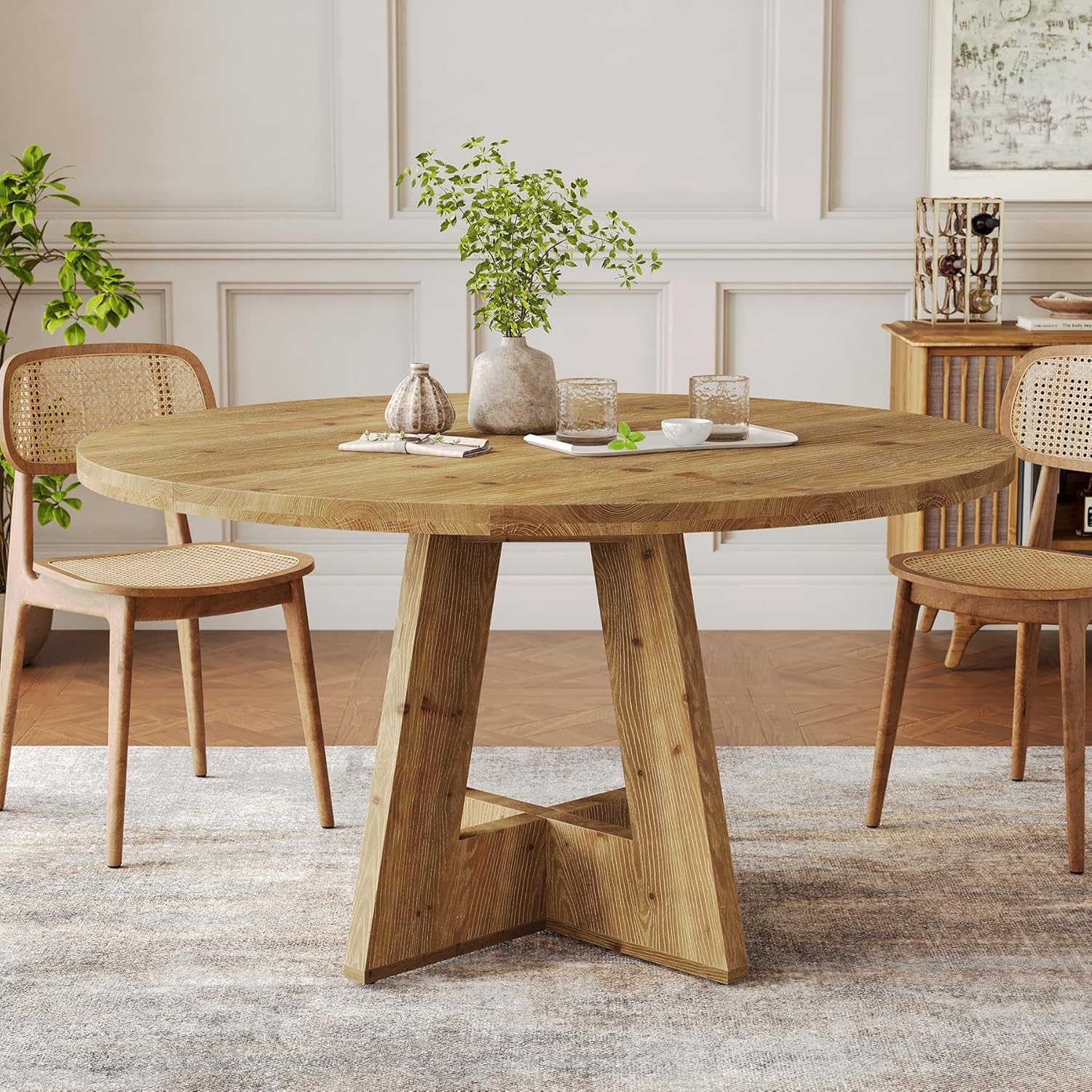 Solid Wood Round Dining Table, 47" Farmhouse Kitchen Table for 4-6, Wooden Circle Dinner Table for Dining Room, Family Gathering, Natural Brown