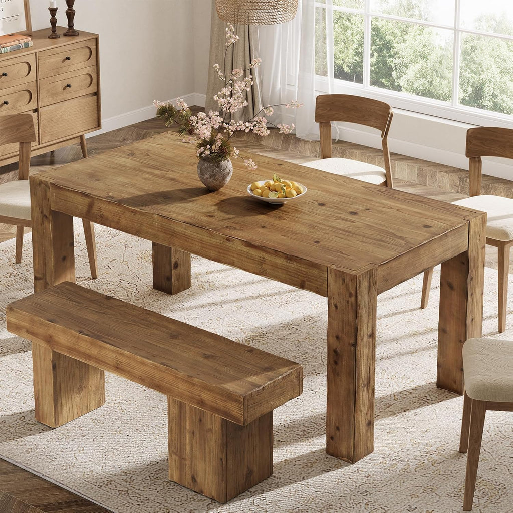 Solid Wood Dining Table for 6, 63-Inch Farmhouse Kitchen Table with Heavy Duty Legs, Rectangular Wood Dinner Table for Dining Room, Living Room, Natural Brown (Only Table)