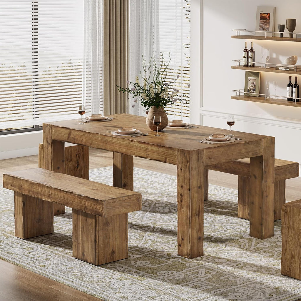 Solid Wood Dining Table for 6, 63-Inch Farmhouse Kitchen Table with Heavy Duty Legs, Rectangular Wood Dinner Table for Dining Room, Living Room, Natural Brown (Only Table)