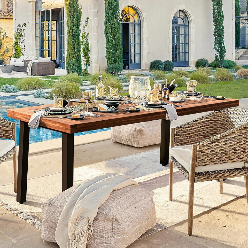 Devoko Home Acacia Wood Dining Table 6-Person Indoor Outdoor Table with Iron Legs, Sandblast Finish, Natural Stained, Rustic Metal, 69 * 33 * 30 inch (Walnut Brown)