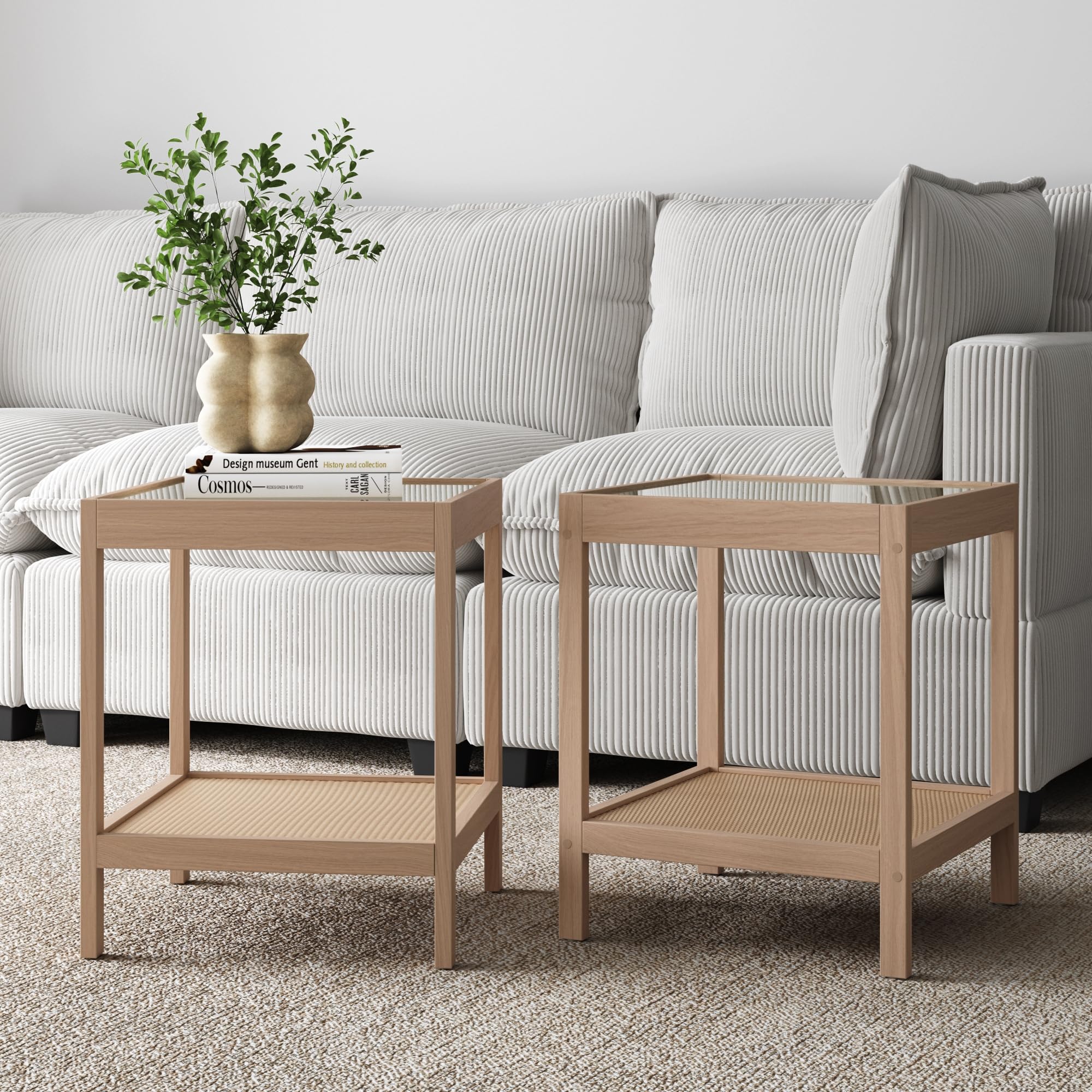 Nathan James Sonia Boho Round Accent End Table, Natural Sofa Side Table in Light Wood with Rattan Storage Shelf for Living Room, Bedroom or Nursery, Light Brown