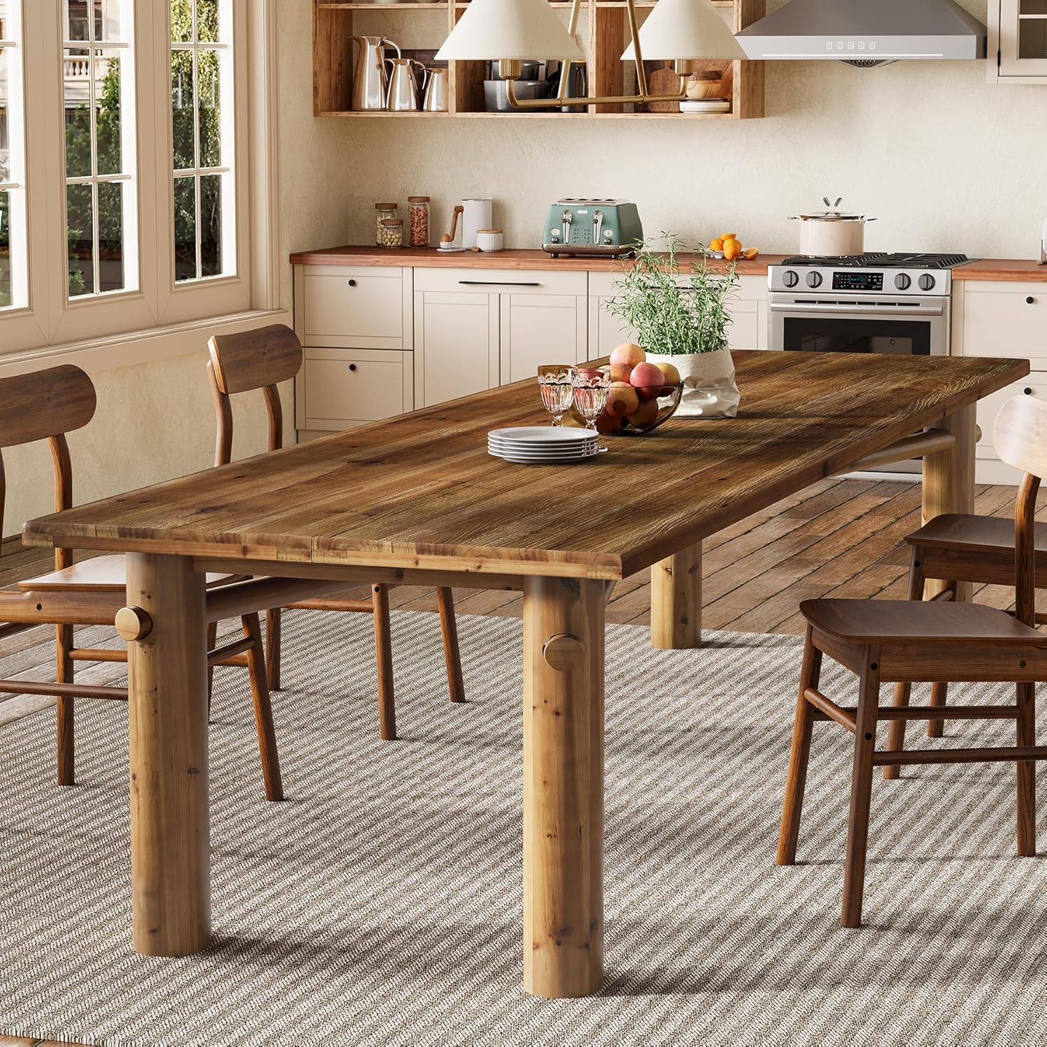 Solid Wood Dining Table for 6, 63 Inch Wooden Kitchen Table with Strong Legs, Farmhouse Rectangle Dinner Table for Dining Room, Living Room