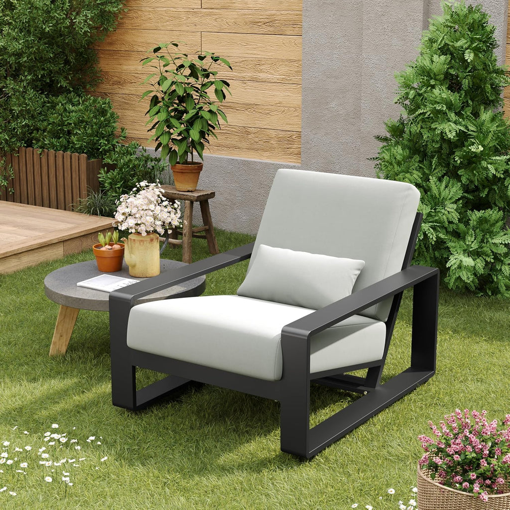 Christopher Knight Home Aspen Outdoor Aluminum Club Chair, Durable Aluminum Lounge Chair, Armchair with Cushions, Metal Accent Chair, Tilt Backrest Recliner for Backyard, Garden, Balcony, Black+Grey